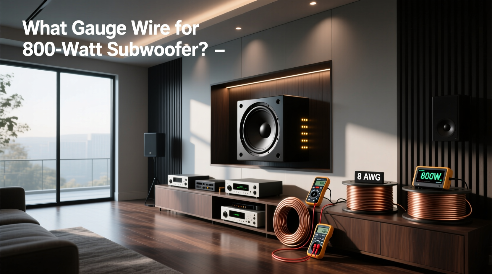 800-watt subwoofer with thick 12AWG speaker wire connected to amplifier