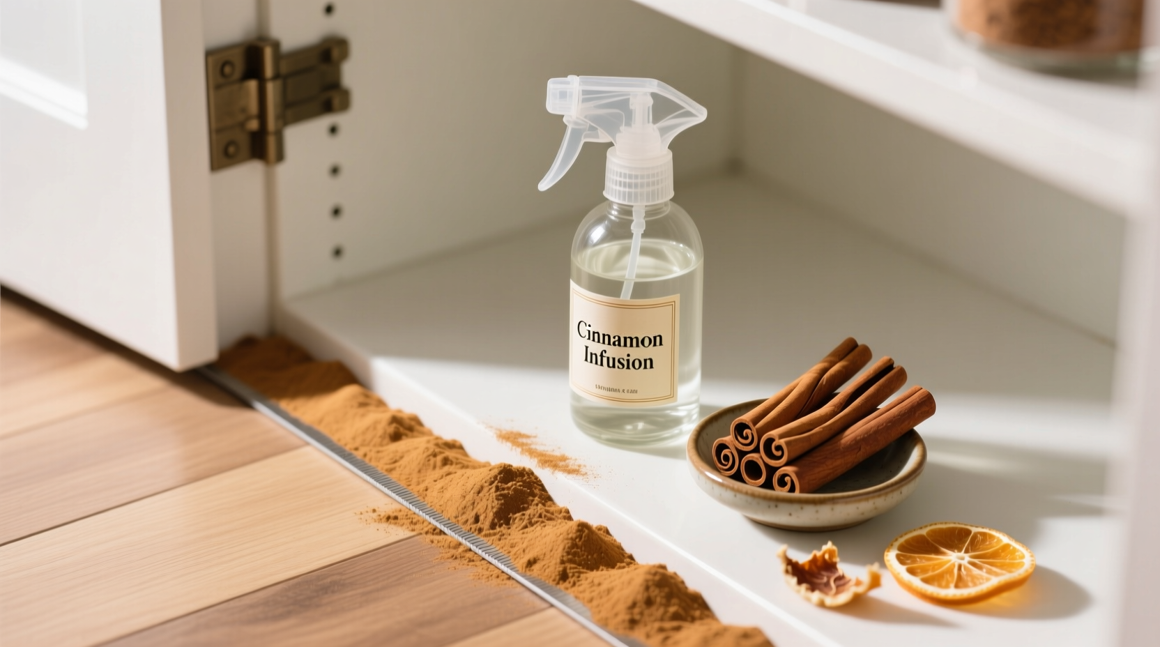 Overhead photo of a clean pantry corner showing a precise cinnamon line along the baseboard, adjacent to a labeled glass spray bottle and a small dish of whole cinnamon sticks beside dried orange peel