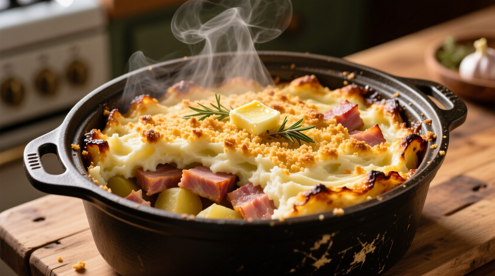 Crock pot filled with golden potato and ham casserole