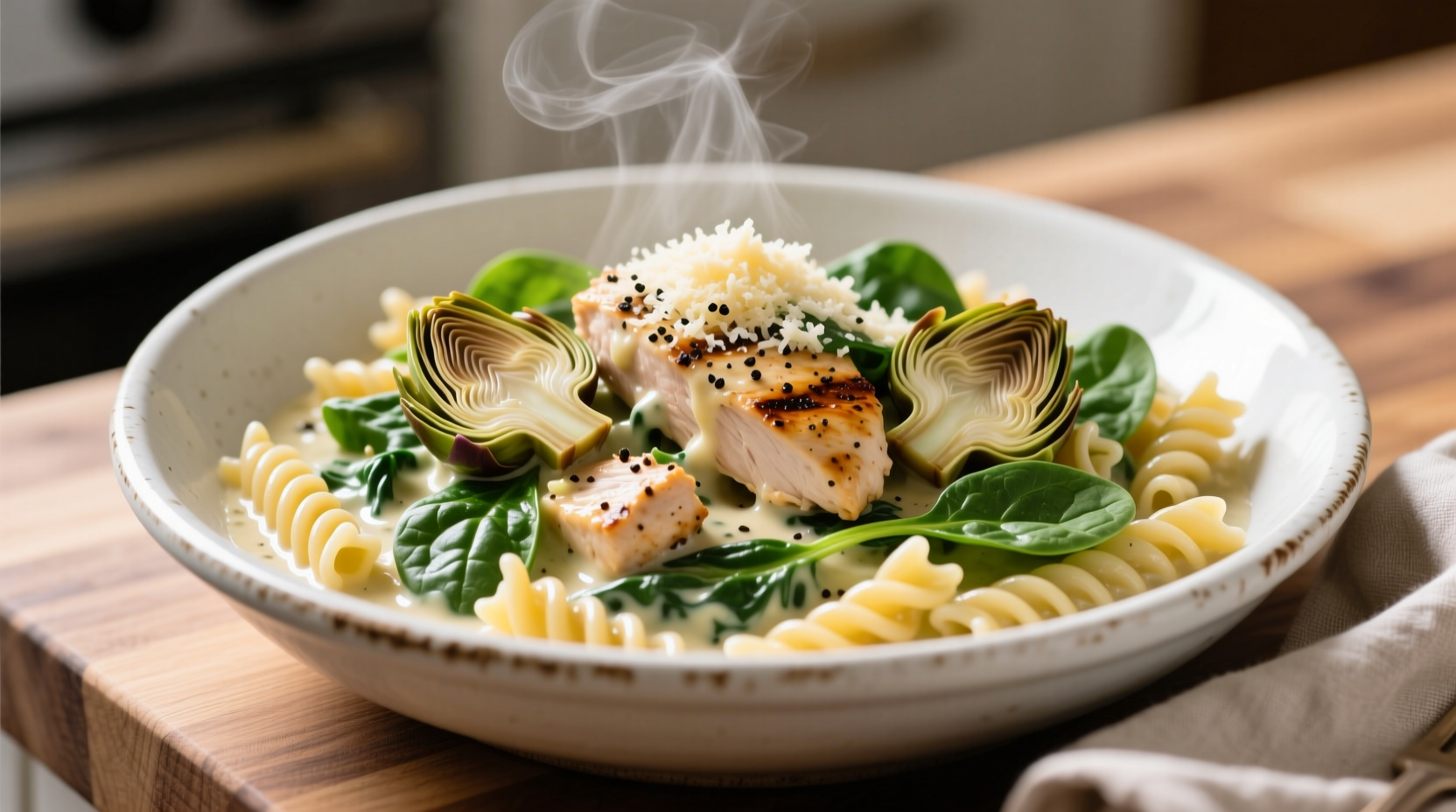 Creamy spinach artichoke chicken pasta in white bowl