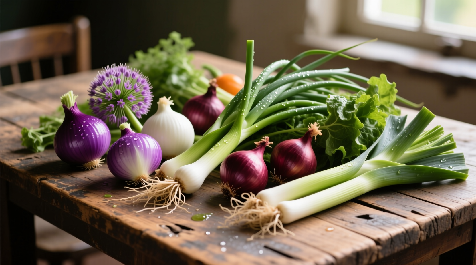 Colorful assortment of allium family vegetables on wooden table