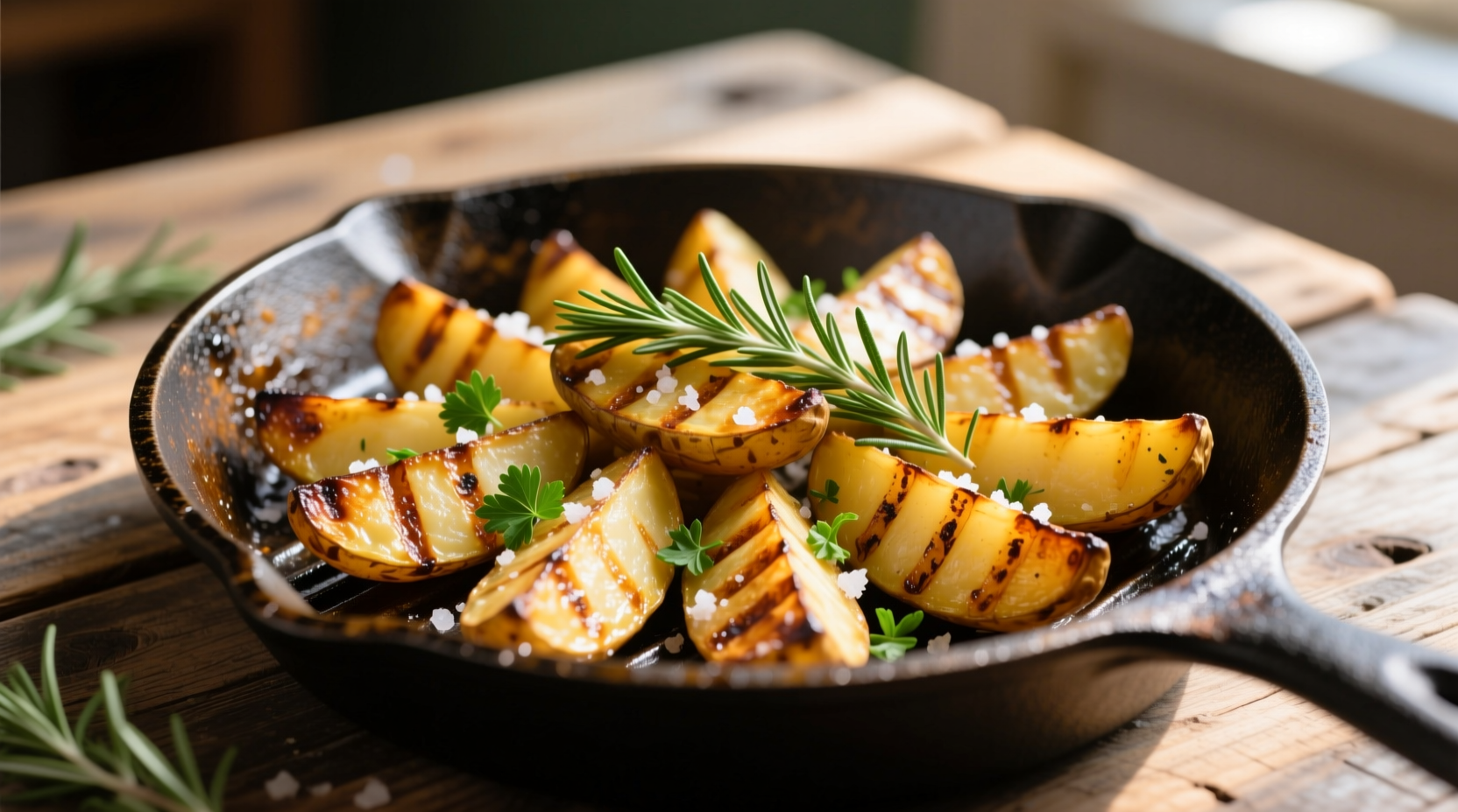 Golden grilled potato wedges with herb garnish on cast iron