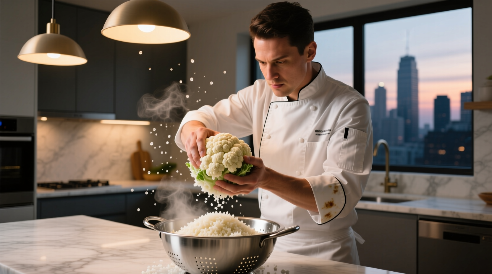 Chef squeezing moisture from frozen riced cauliflower
