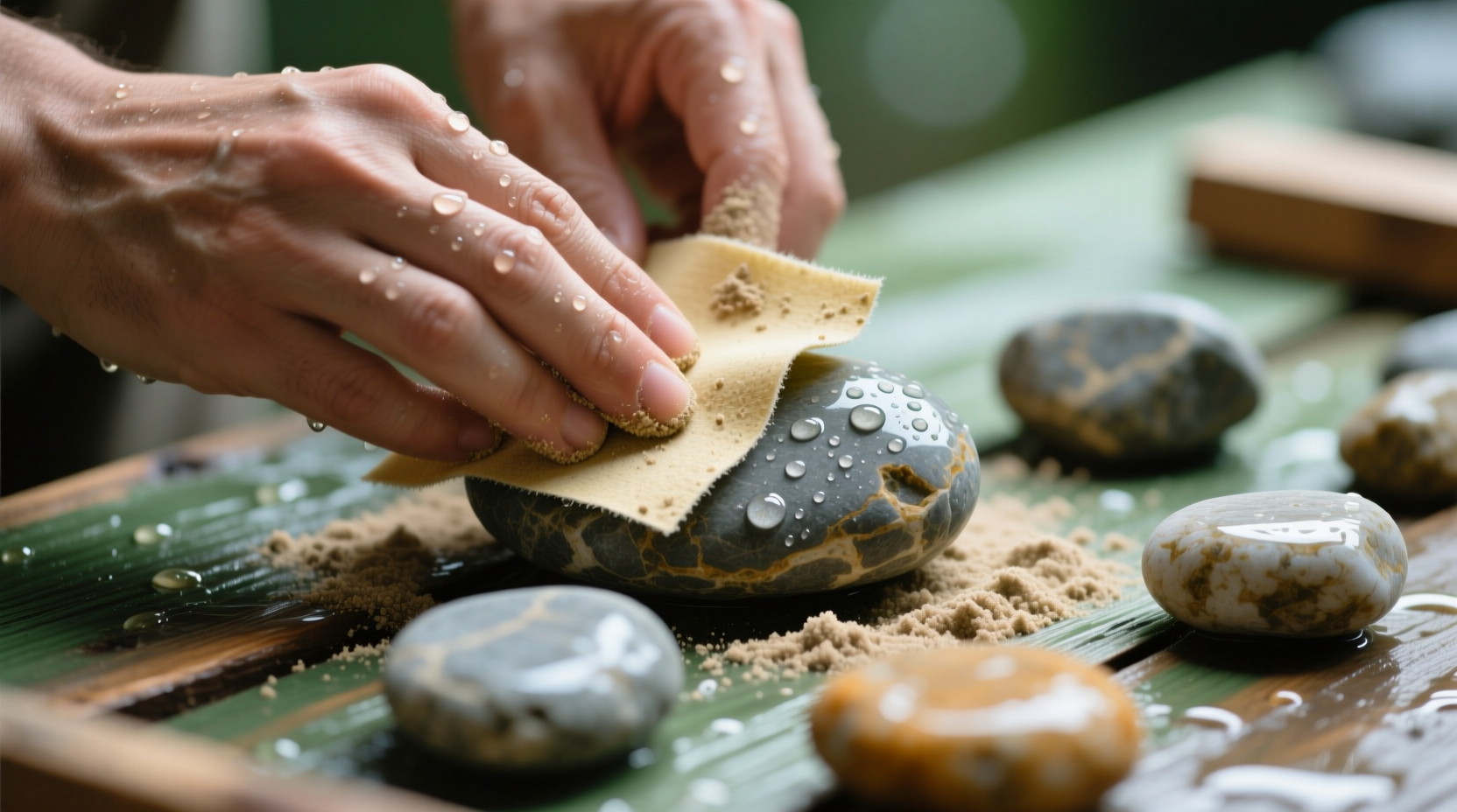 Hand-sanding river rocks with wet-dry sandpaper