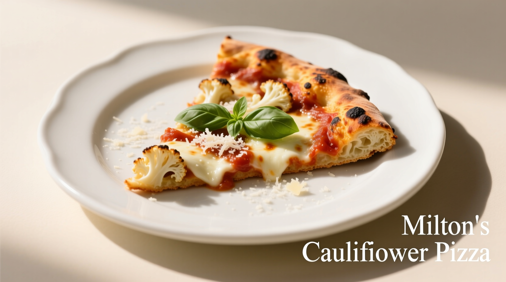 Milton's cauliflower pizza slice on white plate