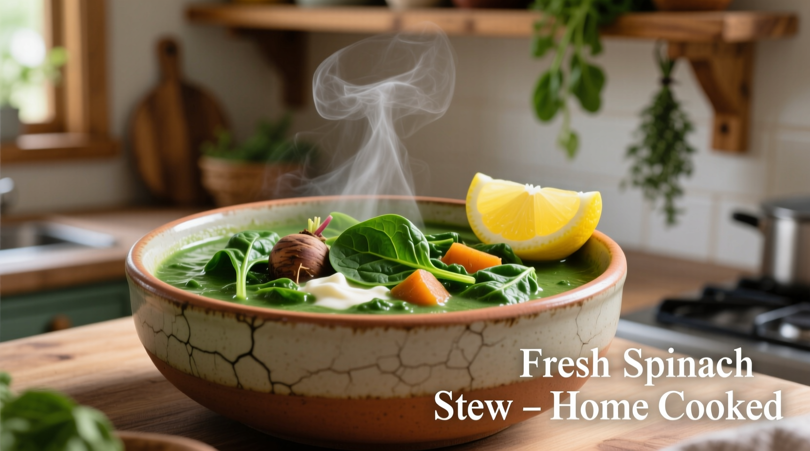 Fresh spinach stew in ceramic bowl with lemon wedge