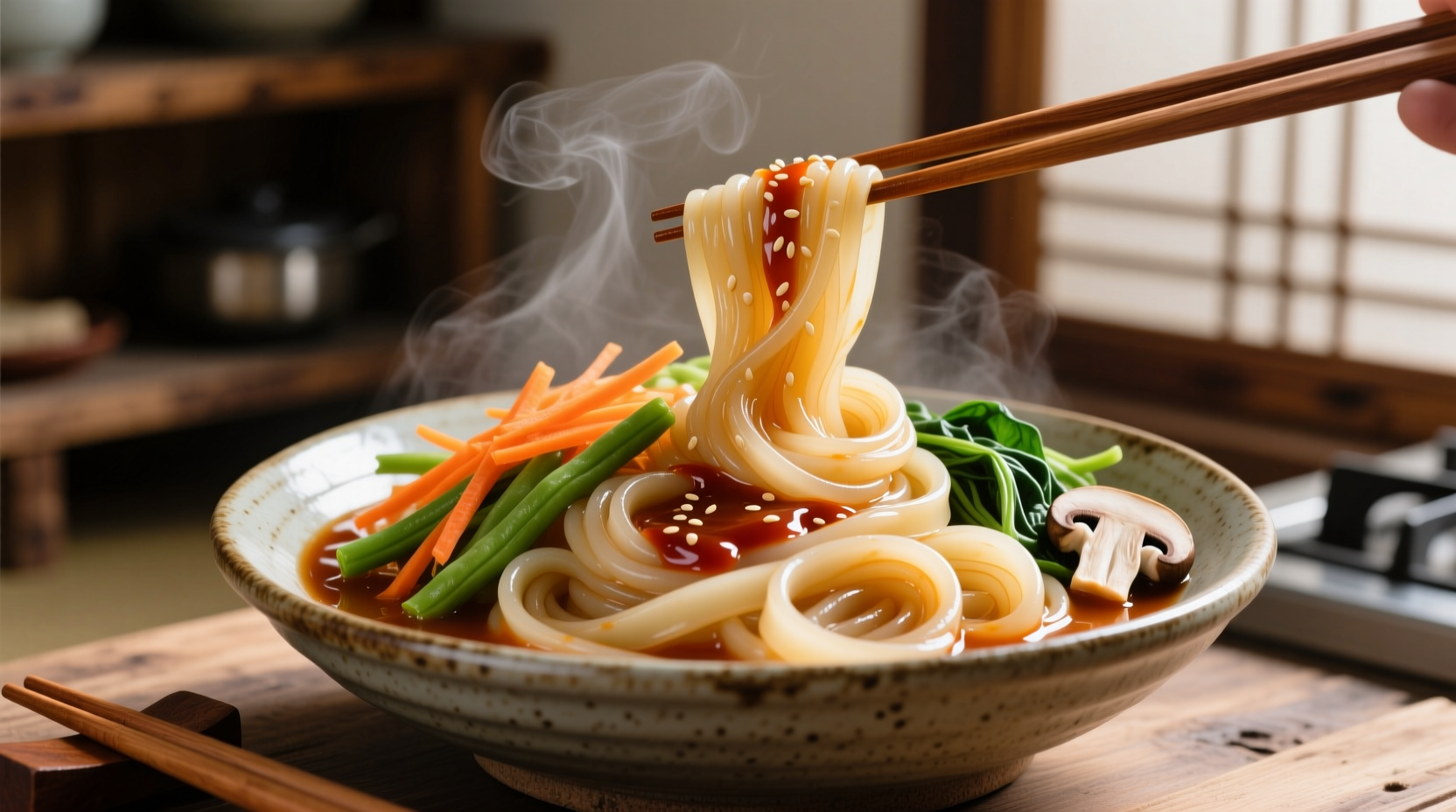 Cooked potato noodles in traditional Korean japchae