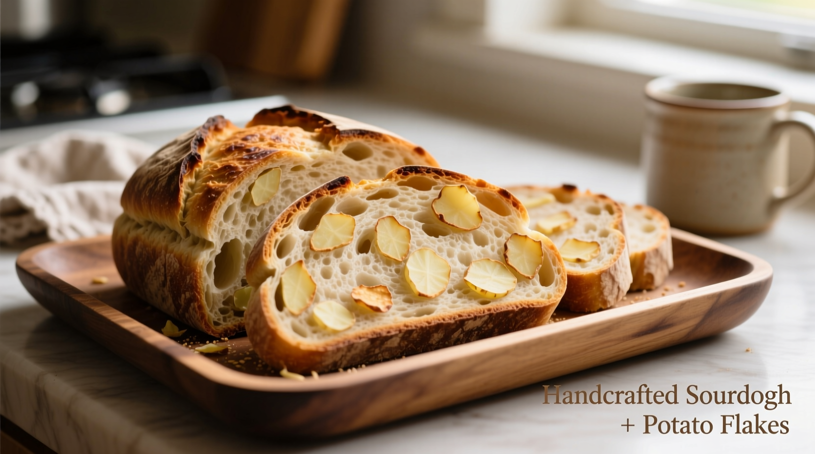 Sliced sourdough bread with visible potato flakes
