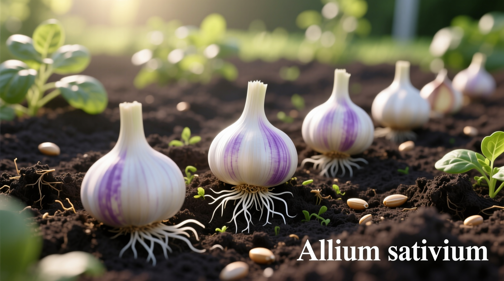 Garlic cloves planted in well-prepared garden soil