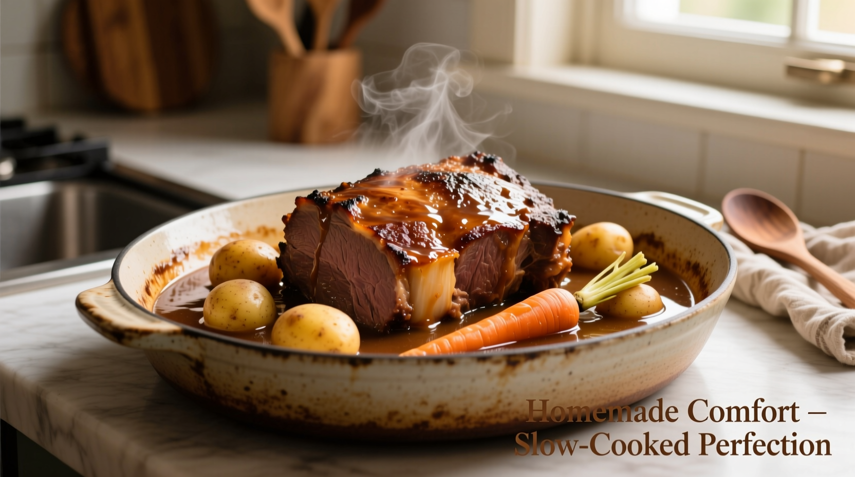 Perfectly cooked pot roast with vegetables and gravy on ceramic dish