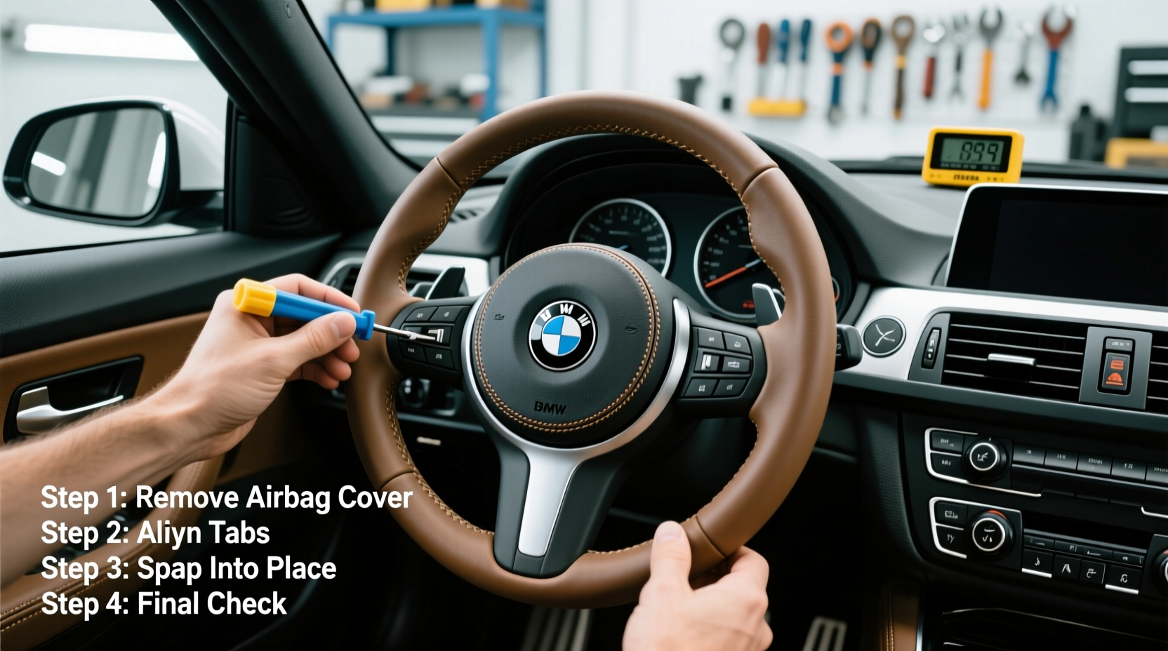 e93 steering wheel cover install