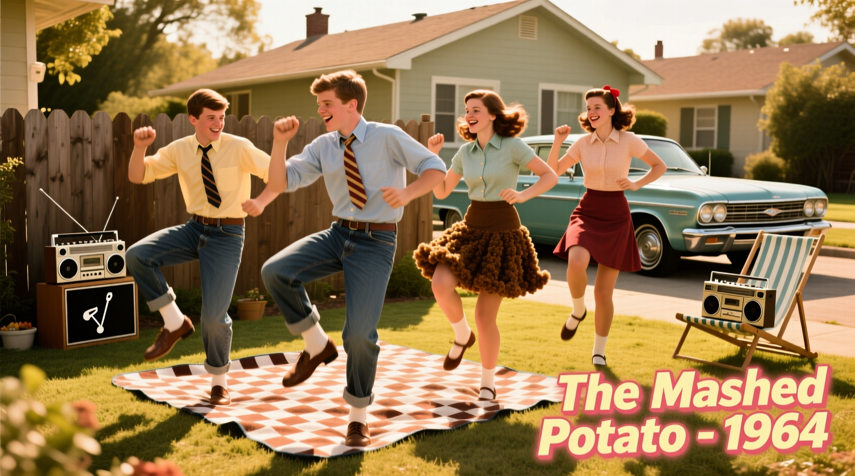 1960s teenagers performing the mashed potato dance