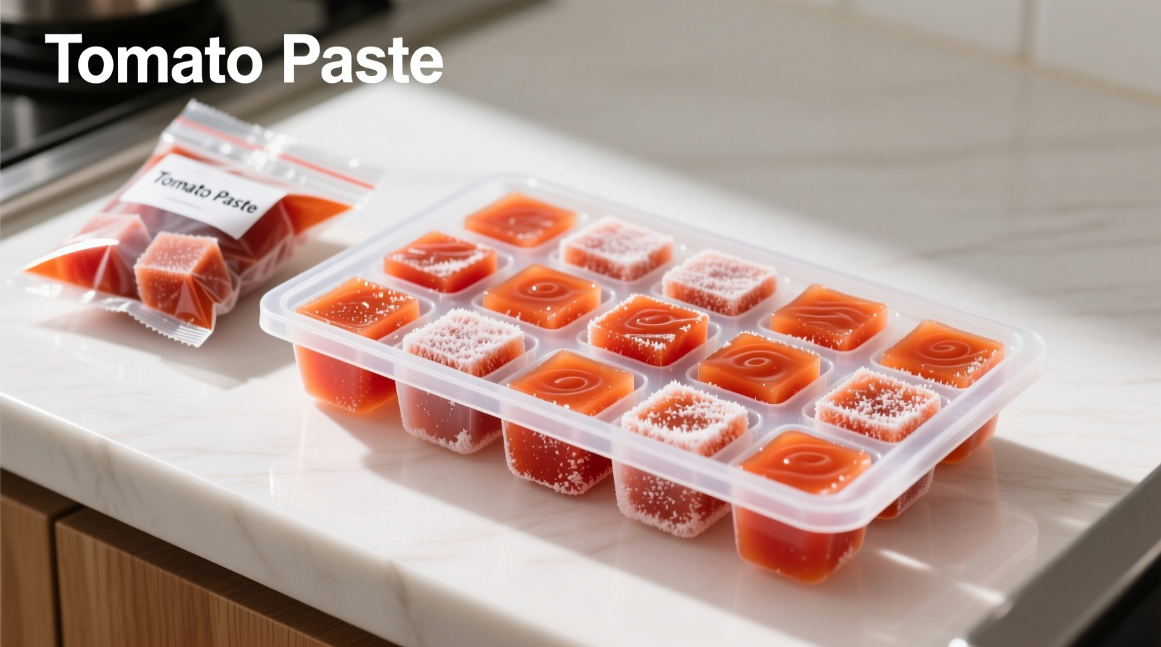 Tomato paste frozen in ice cube trays and portioned bags