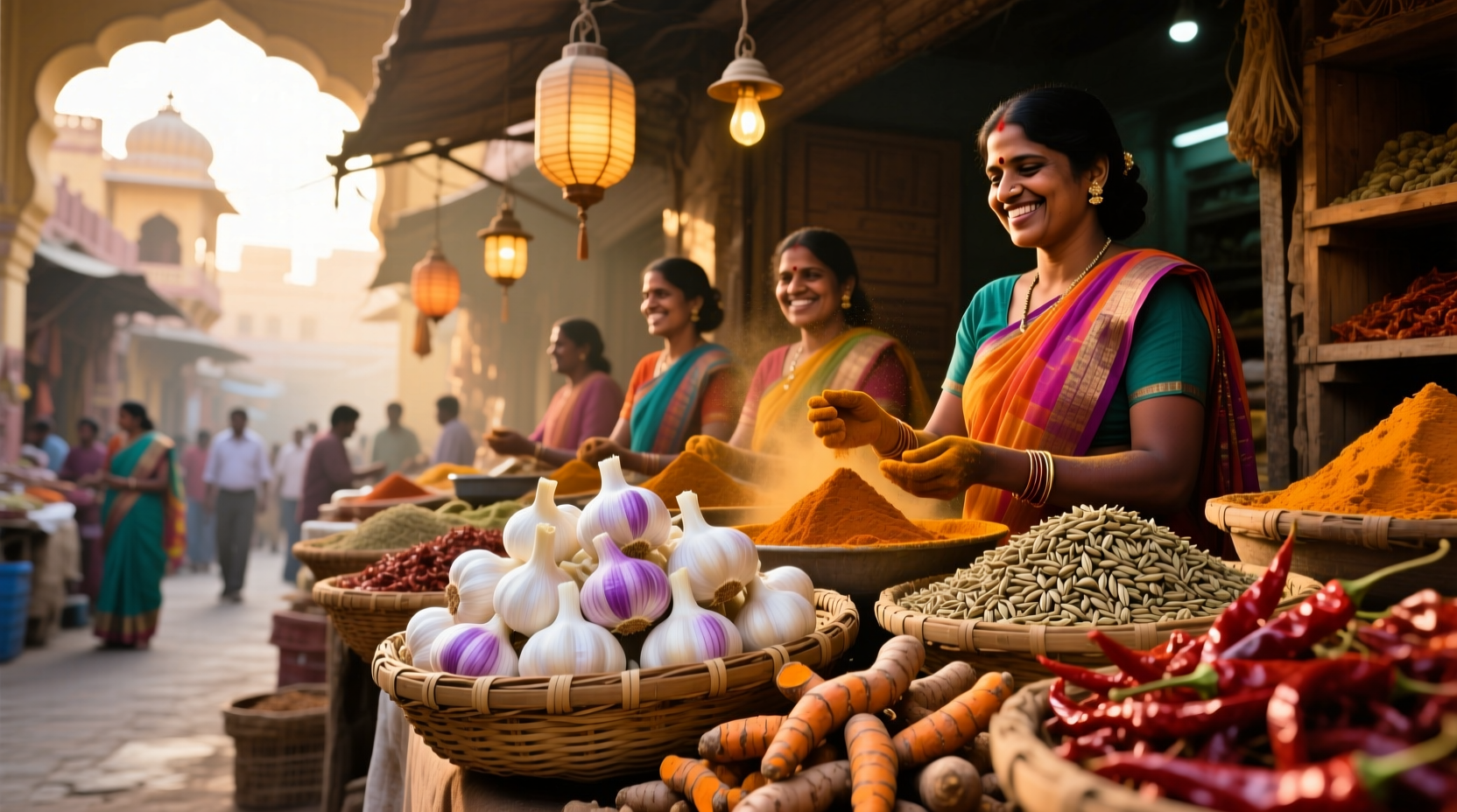 Fresh garlic bulbs in traditional Indian spice market