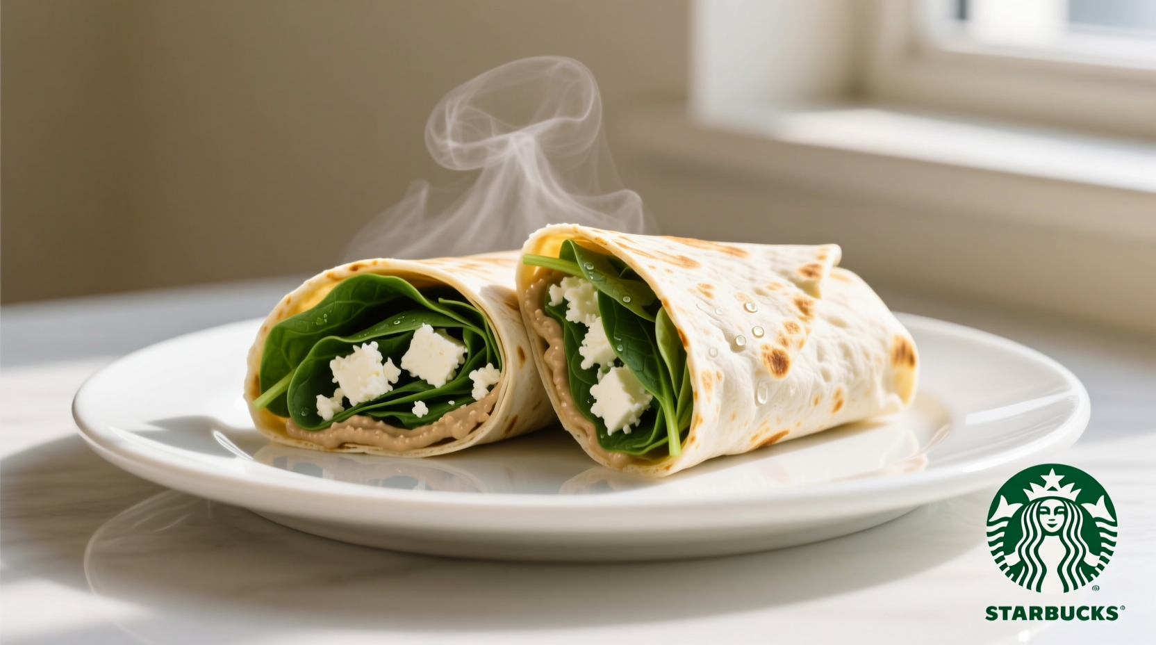 Starbucks spinach feta wrap on white plate
