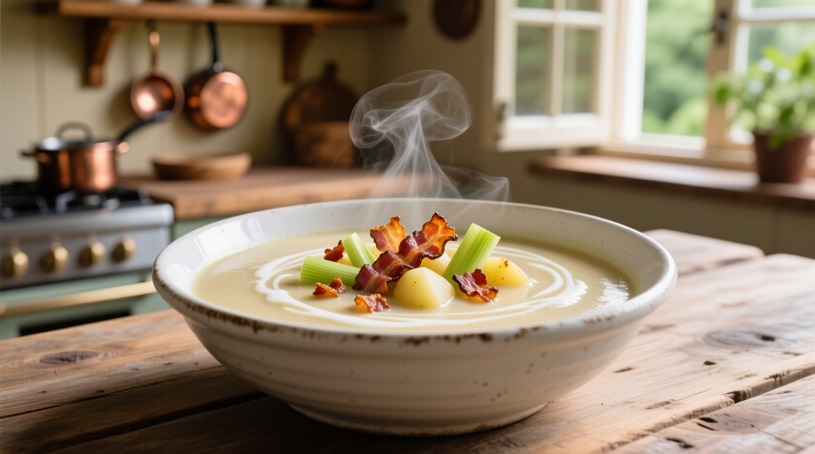 Creamy potato leek soup with bacon in white bowl
