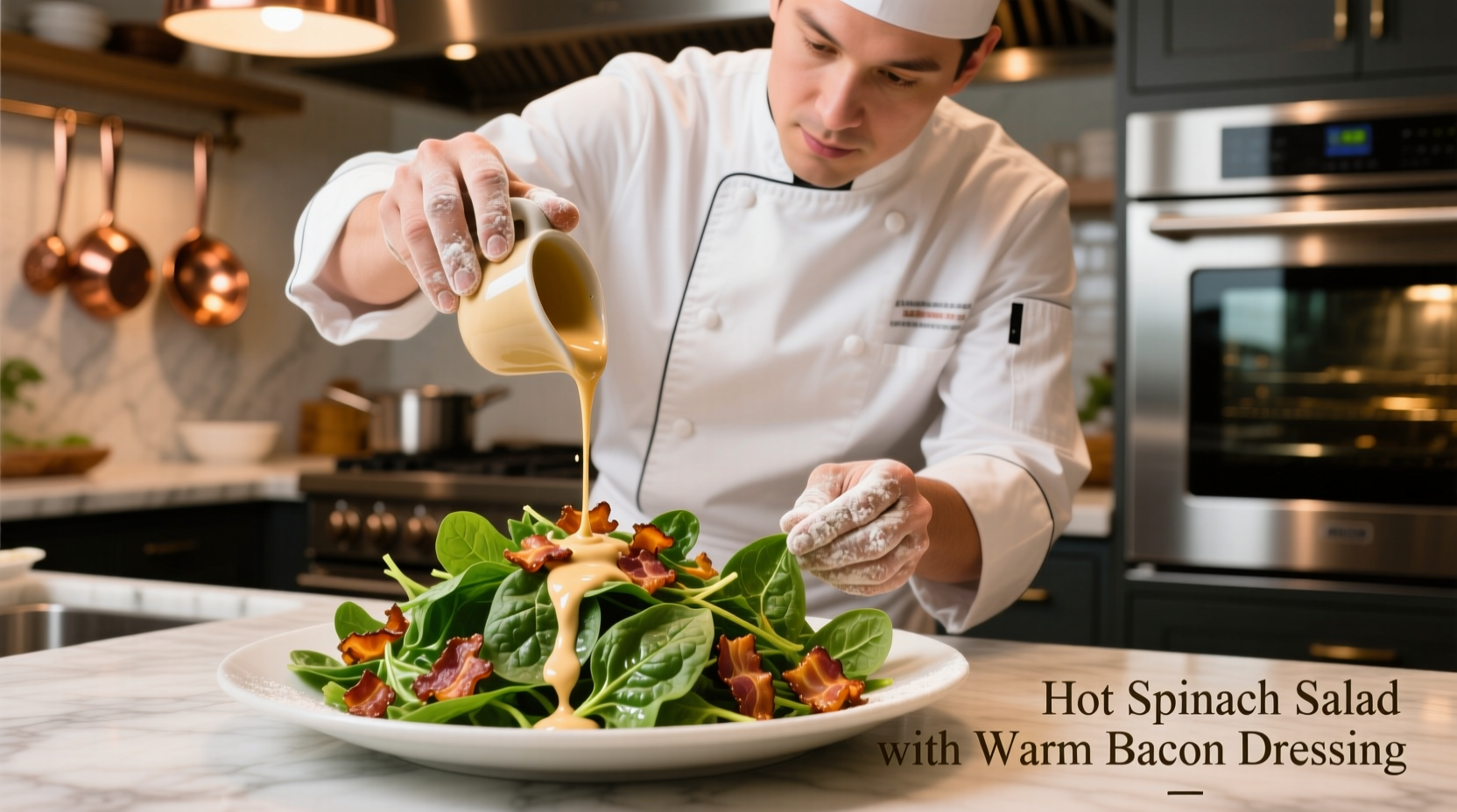 Chef preparing hot spinach salad with warm bacon dressing