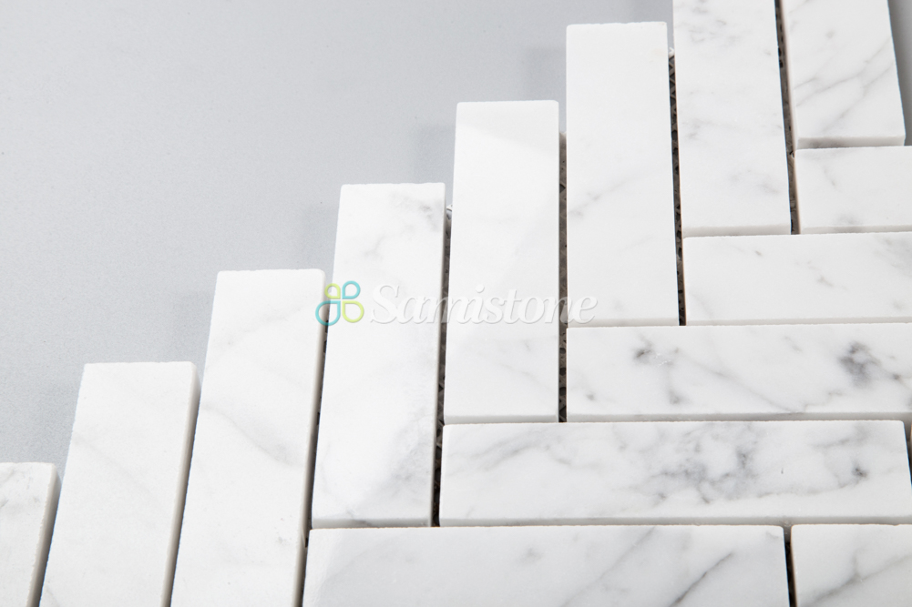 Samistone 1"x4" White Carrara Marble Tile Mosaic Herringbone Mosaic Bathroom Floor Tile