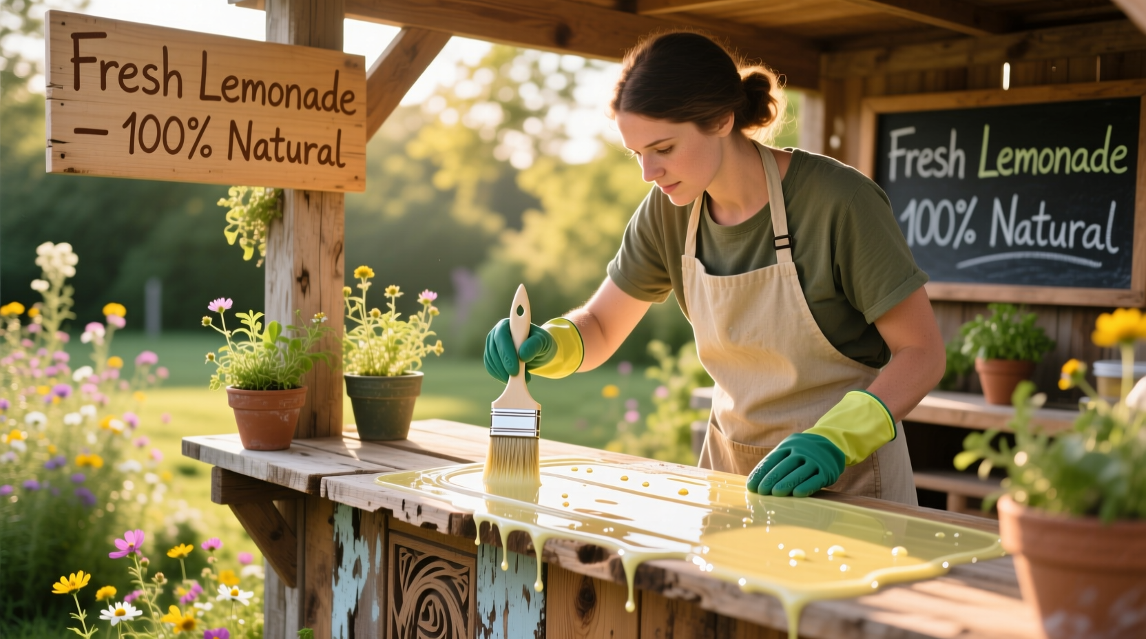 Applying eco-friendly sealant to wooden lemonade stand