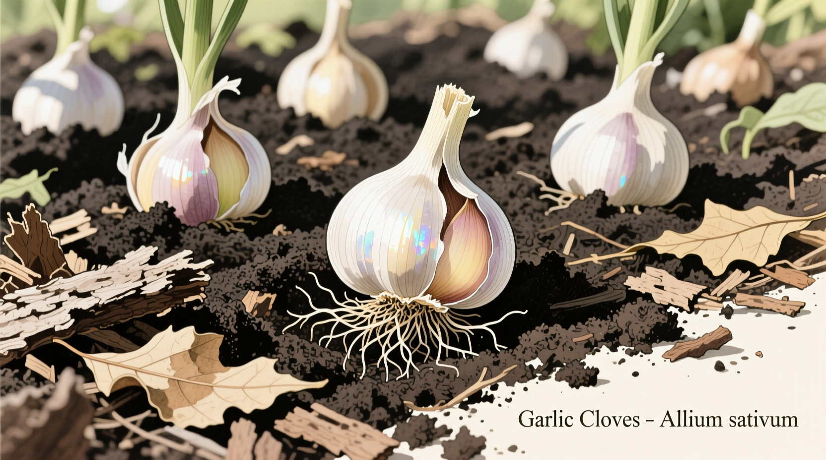 Garlic cloves planted in garden soil with mulch covering