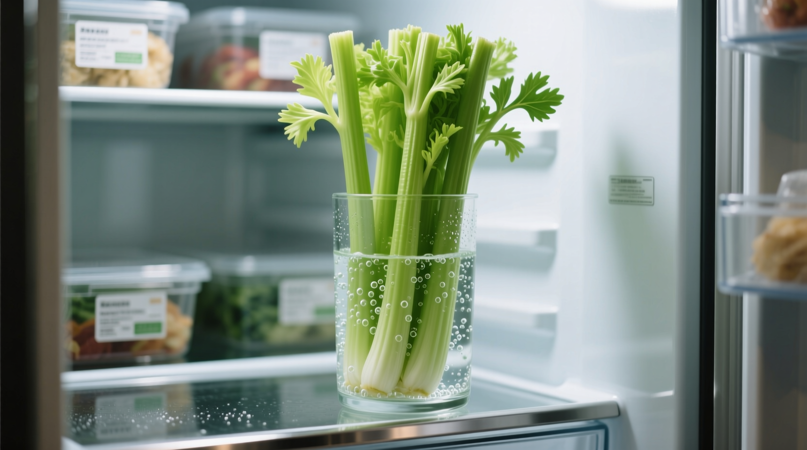 Celery stored upright in water container in refrigerator
