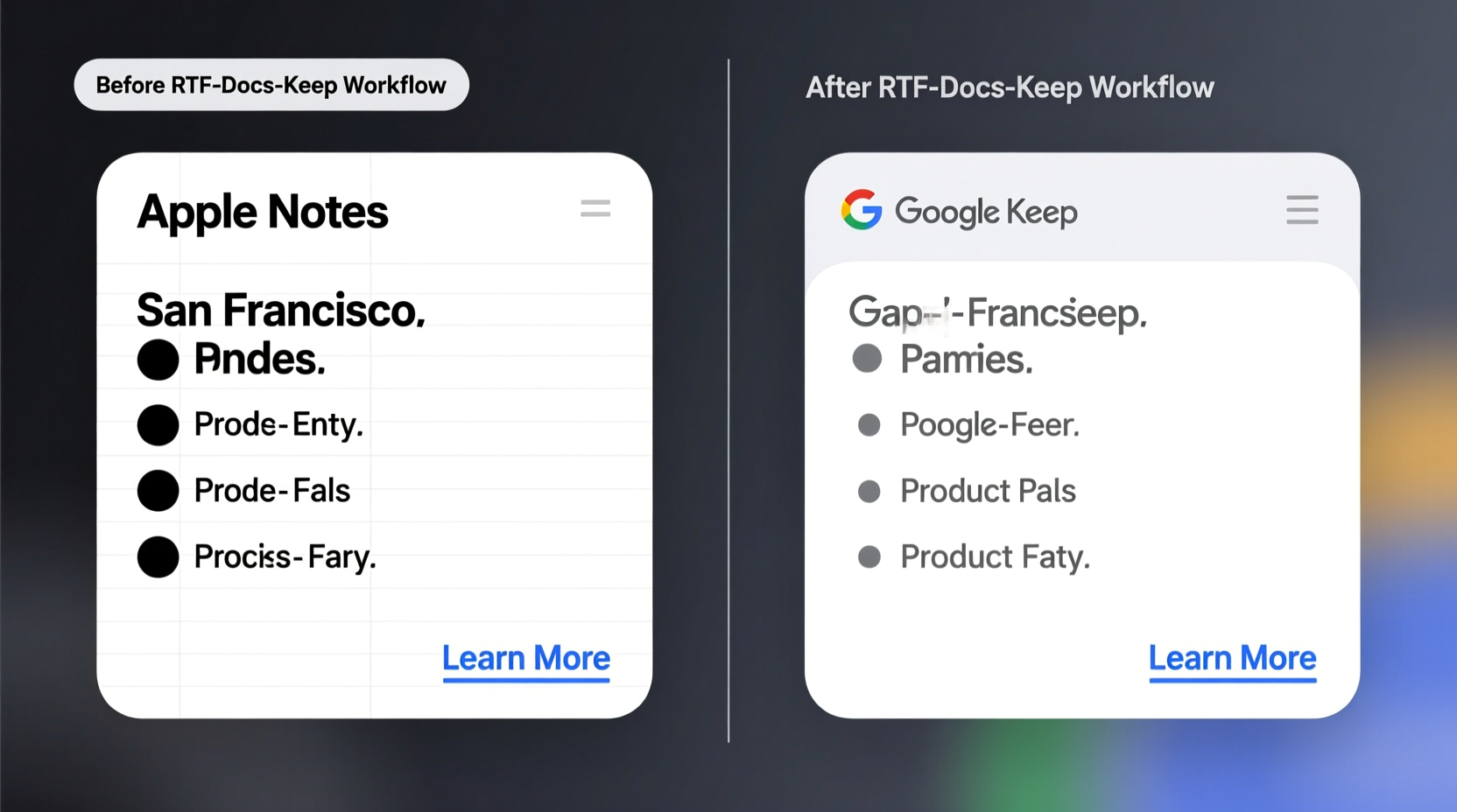 Side-by-side comparison showing an Apple Notes entry with bold headers, bullet points, and a hyperlink, next to its identical counterpart in Google Keep after the recommended RTF-Docs-Keep workflow