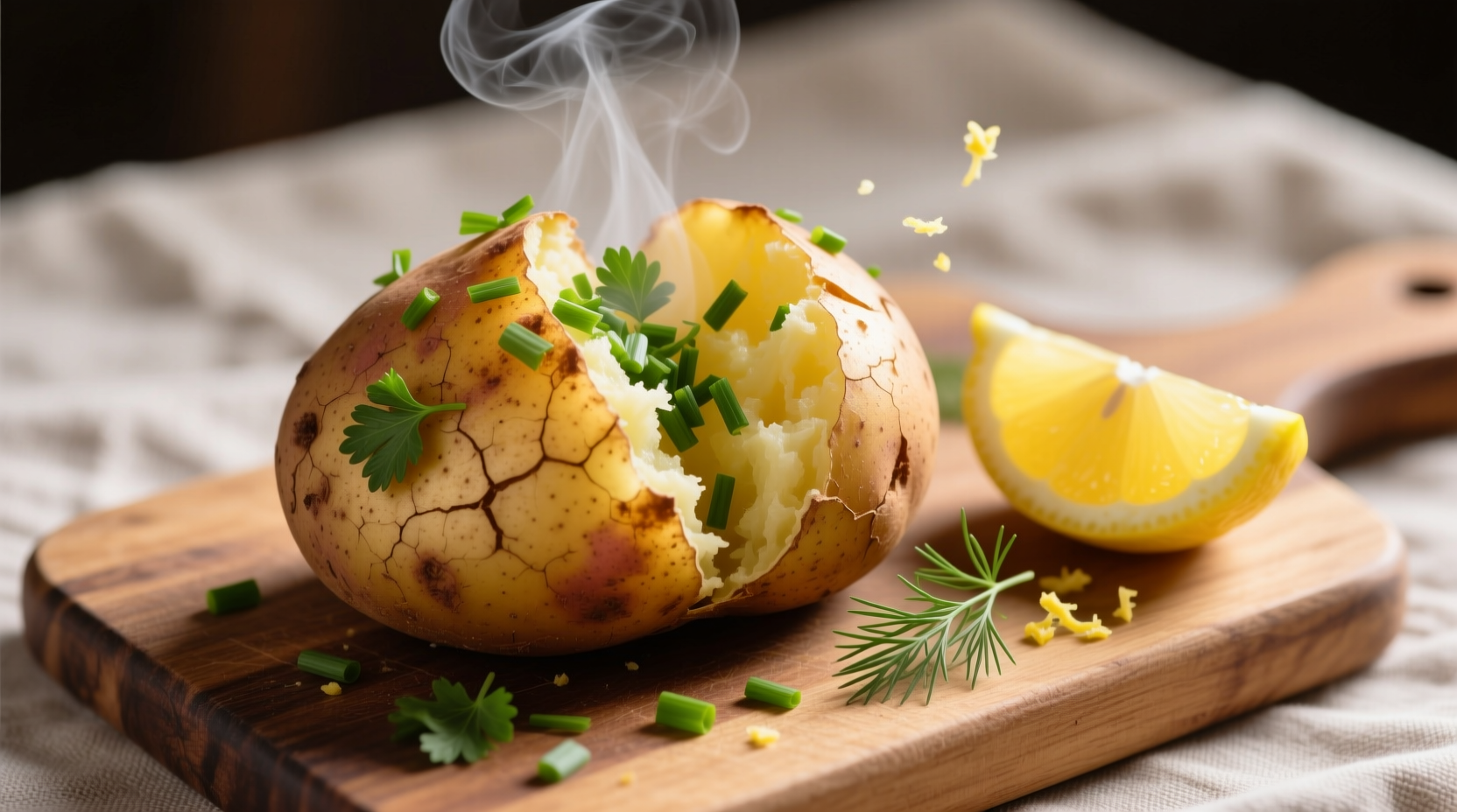 Baked potato with fresh herbs and lemon wedge