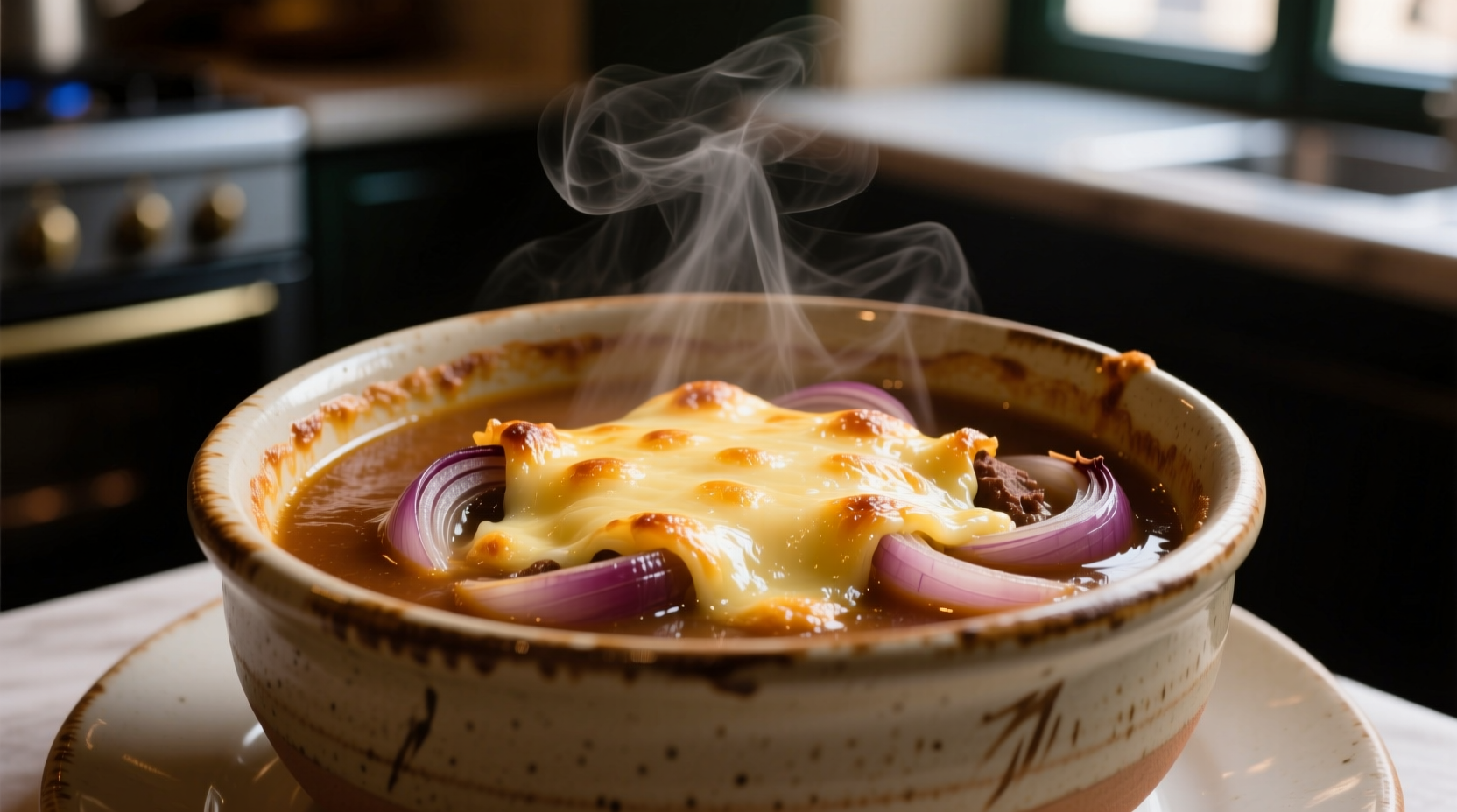French onion soup in ceramic bowl with melted cheese topping showing proper depth