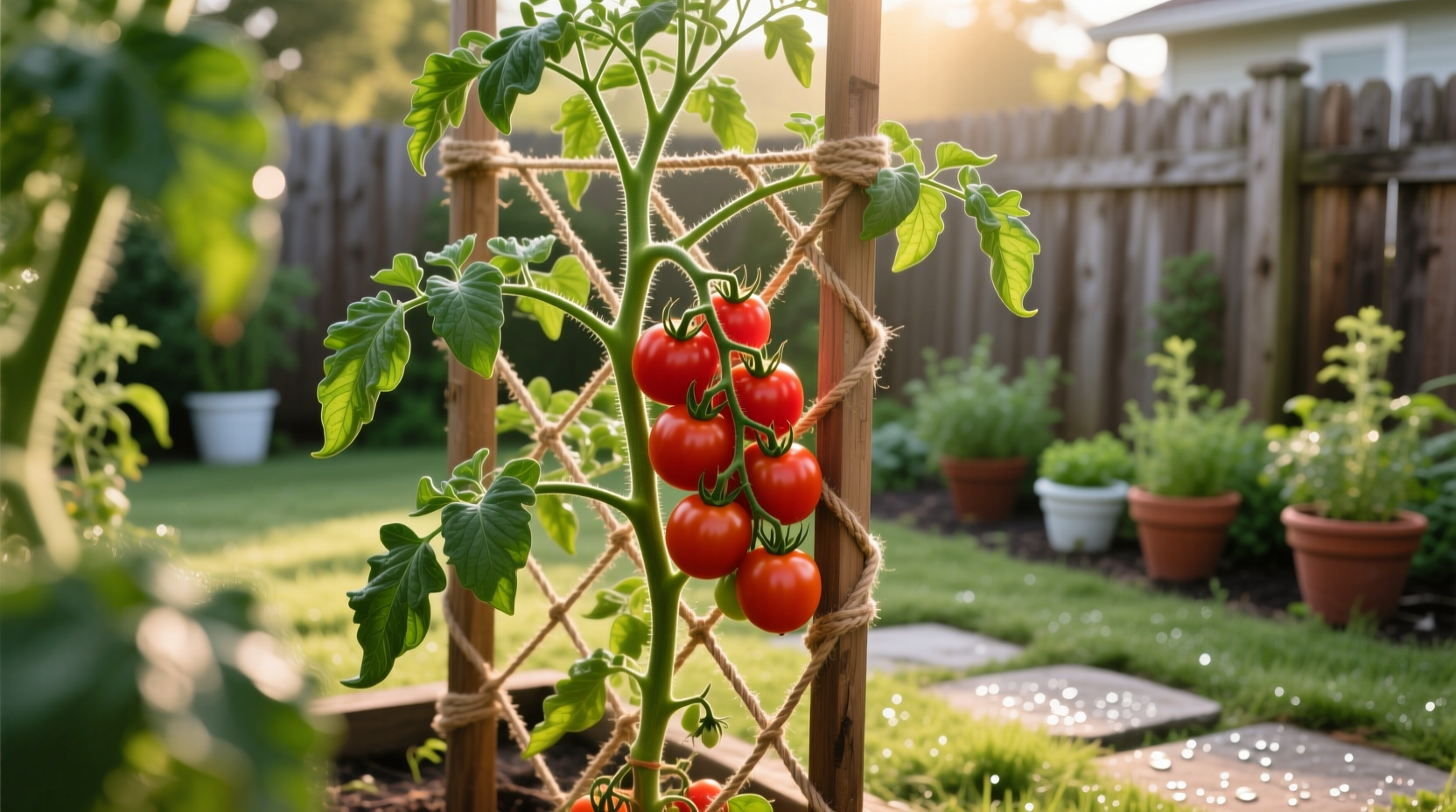 Tomato plant supported by Florida weave method in garden