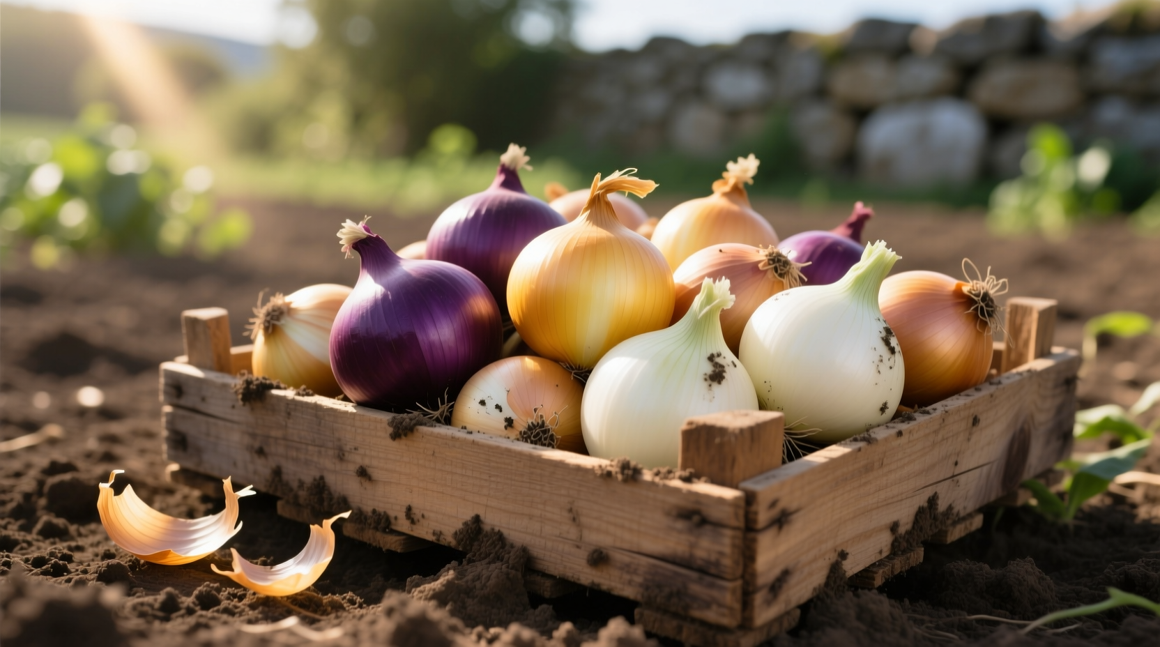 Fresh onion sets displayed in wooden crate