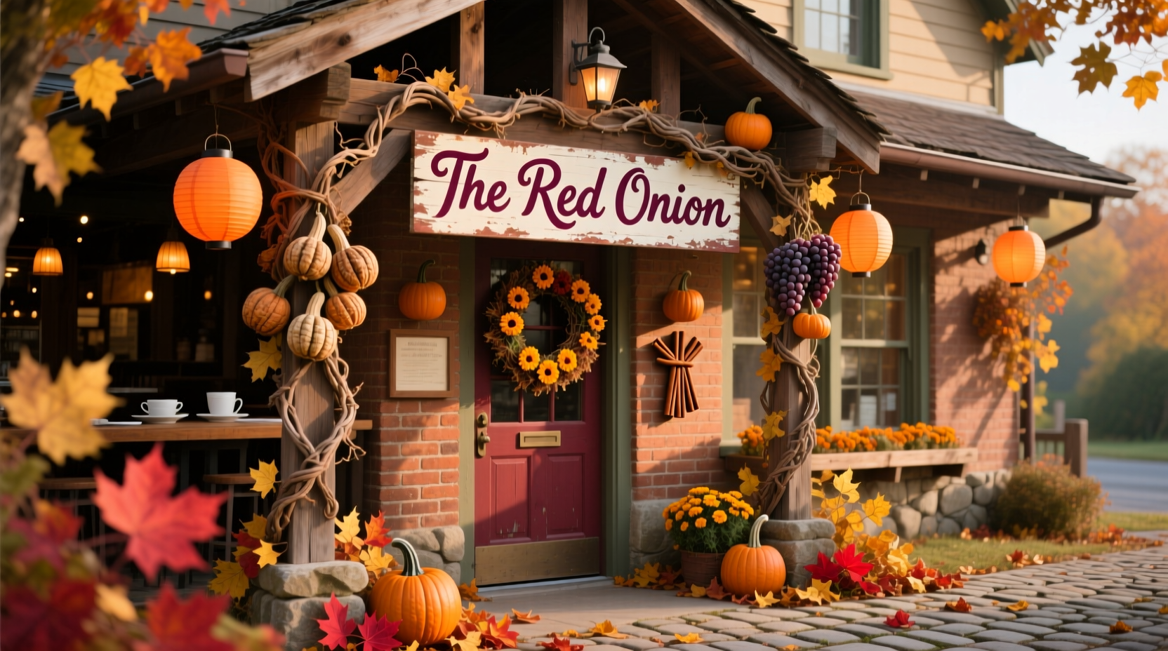 The Red Onion restaurant exterior with seasonal decorations