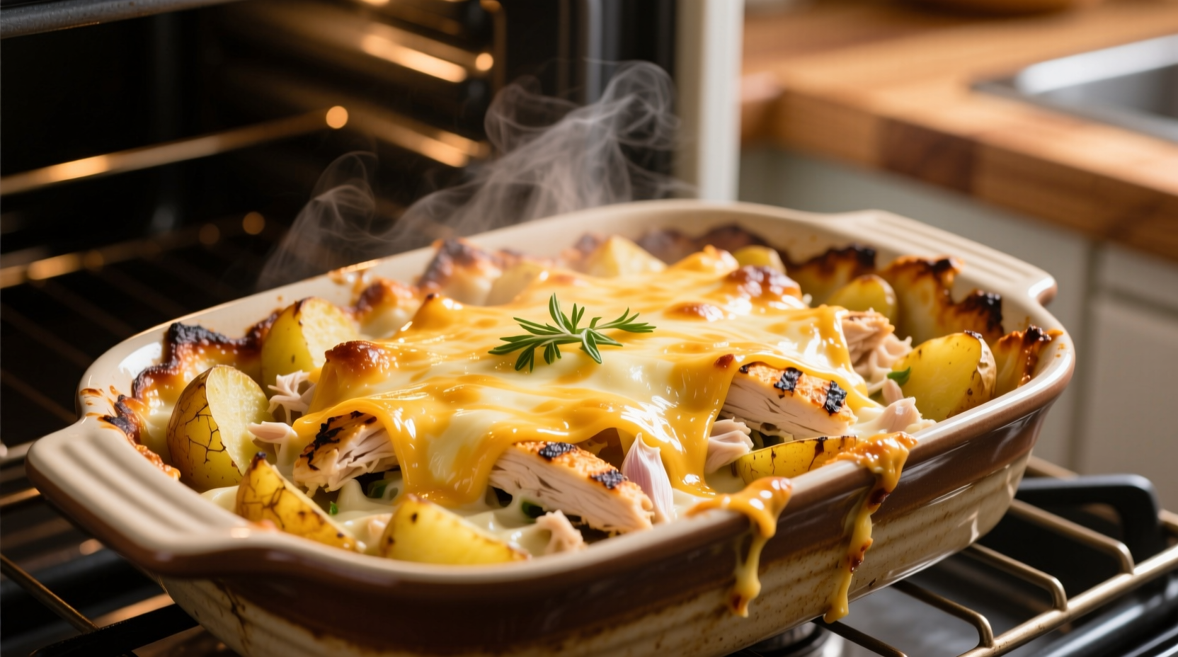 Golden cheesy chicken potato casserole fresh from oven