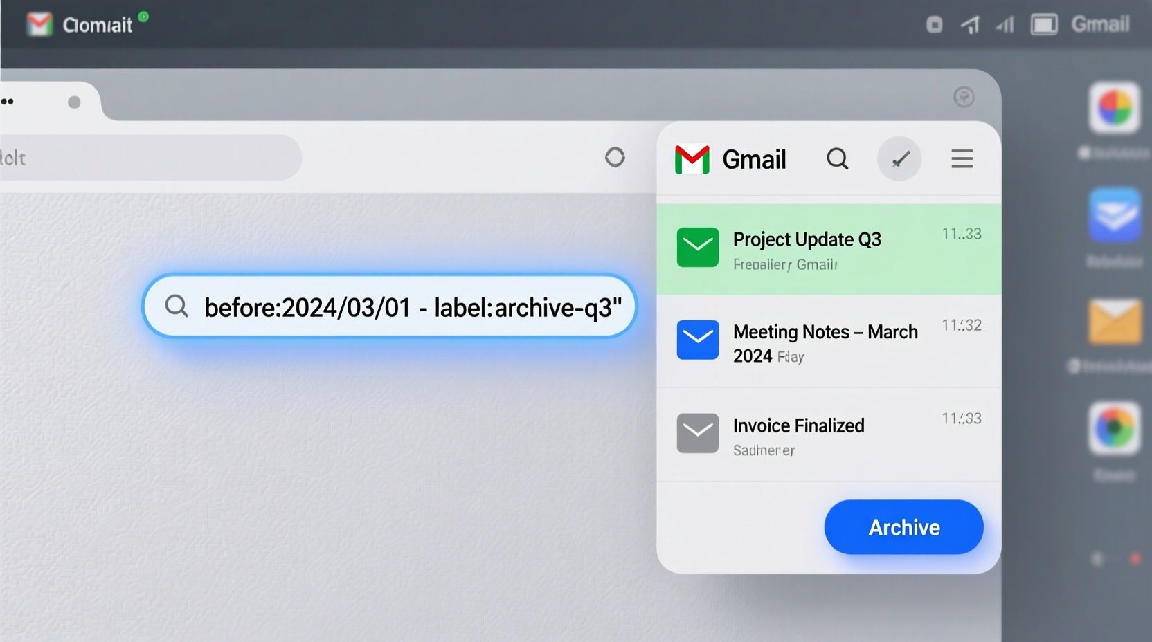 Screenshot-style diagram showing Gmail search bar with 'before:2024/03/01 -label:archive-q3' query, adjacent to labeled message list and 'Archive' button highlighted