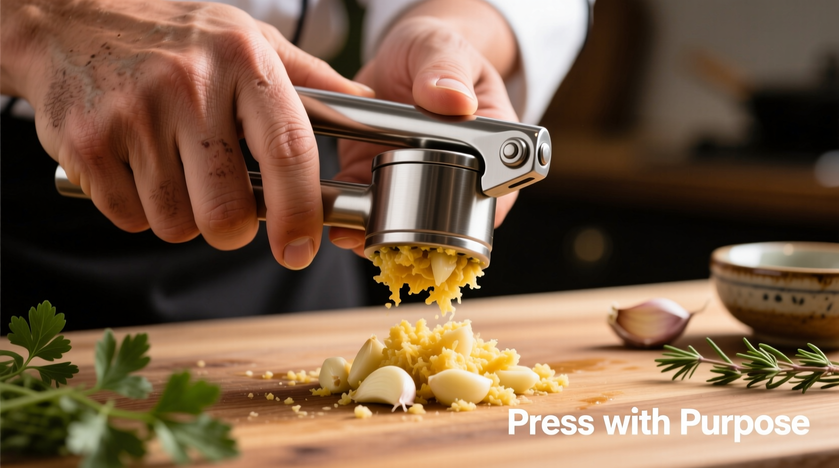 Chef's hand demonstrating proper garlic pressing technique