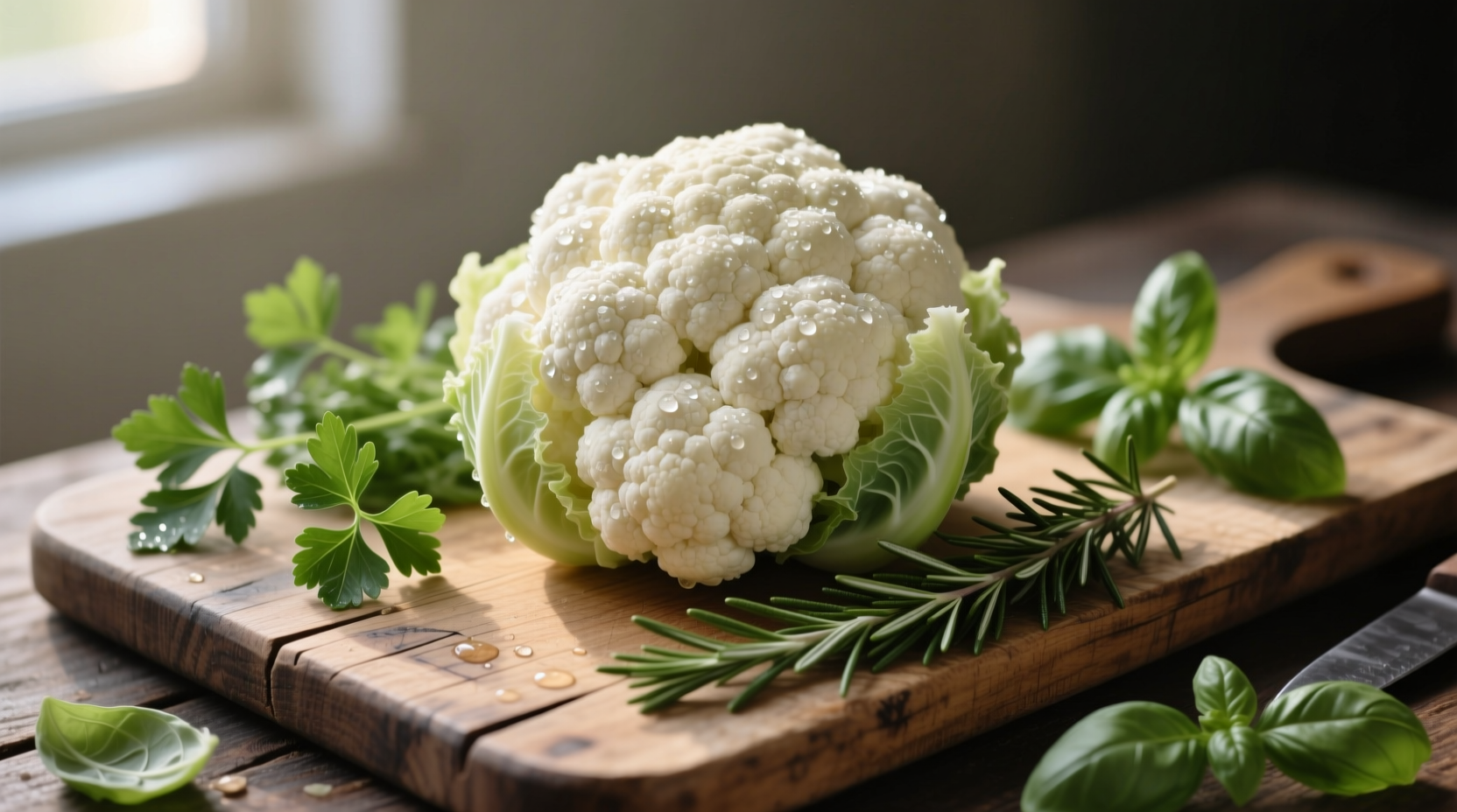 Fresh cauliflower head on wooden cutting board with herbs
