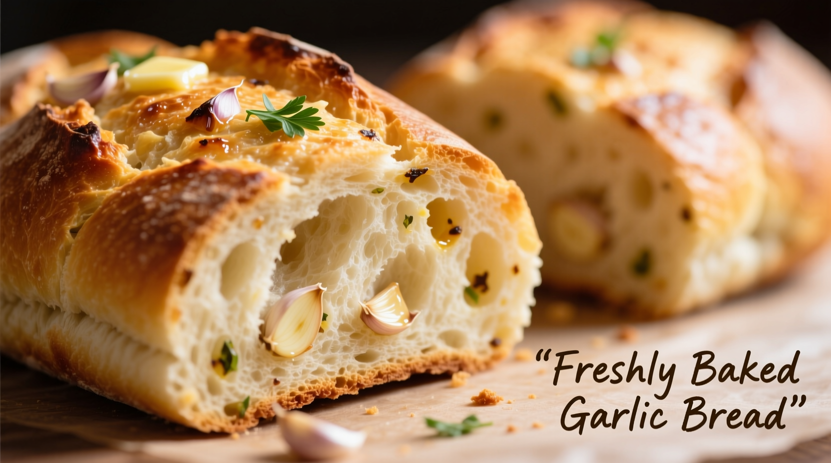 Freshly baked garlic bread with visible garlic pieces