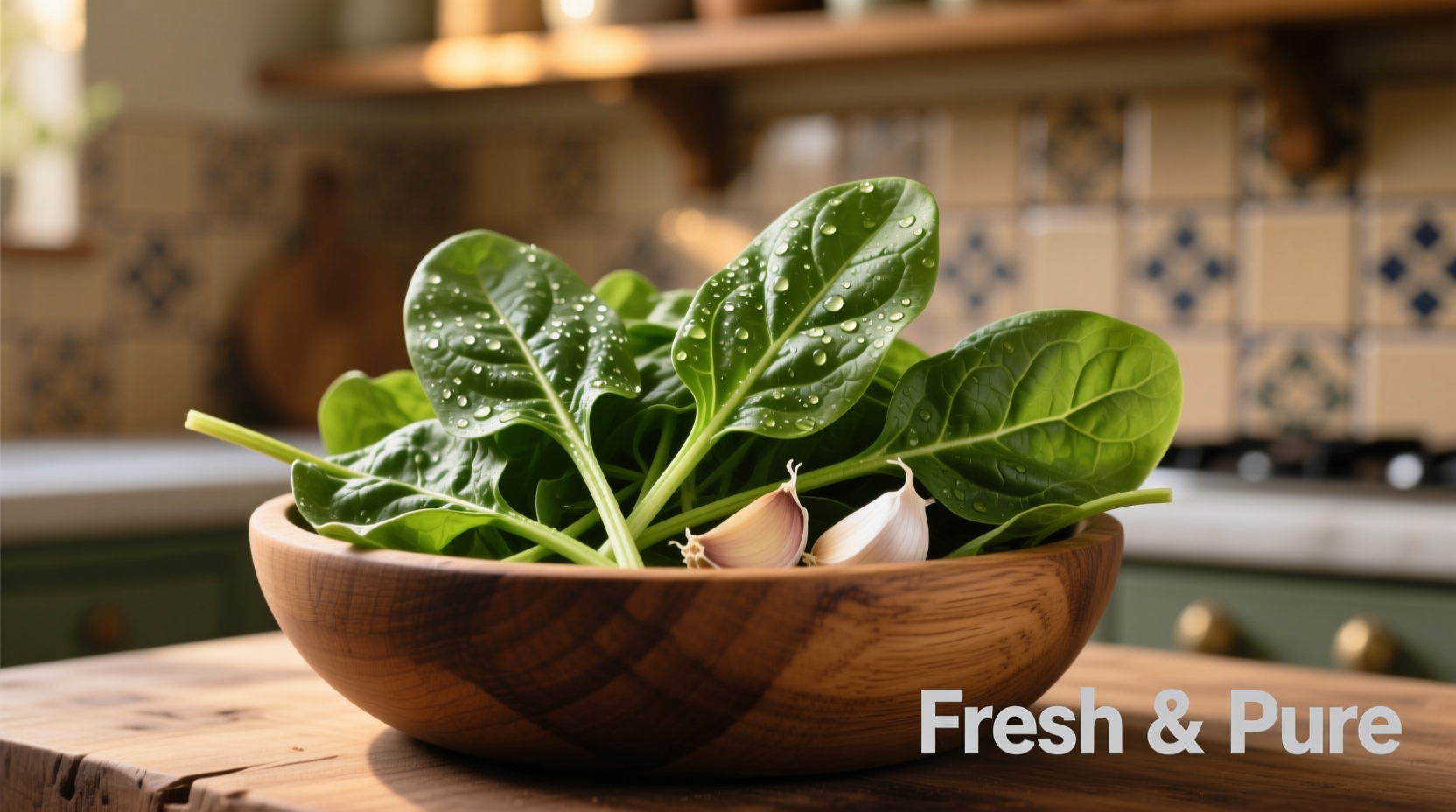 Fresh spinach leaves in wooden bowl with garlic