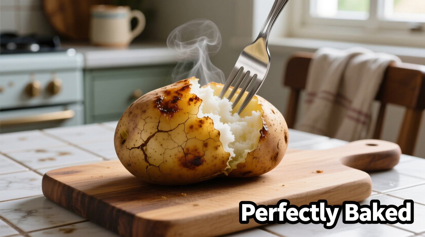 Perfectly baked potato with fork showing fluffy interior