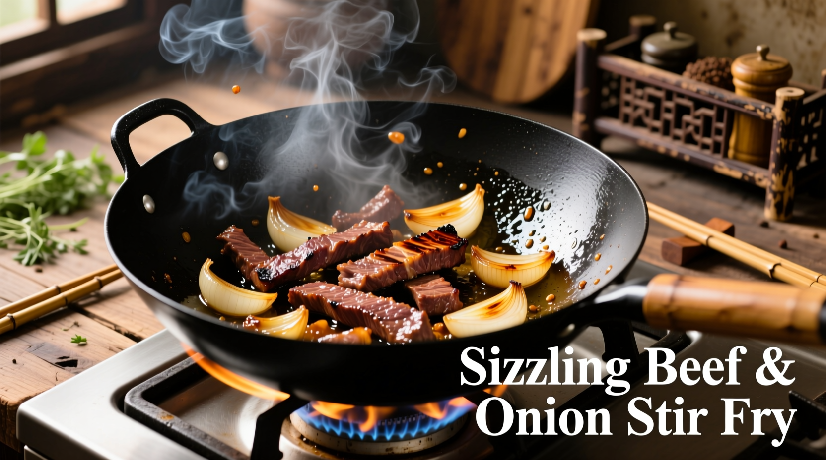 Sizzling beef and onion stir fry in traditional wok