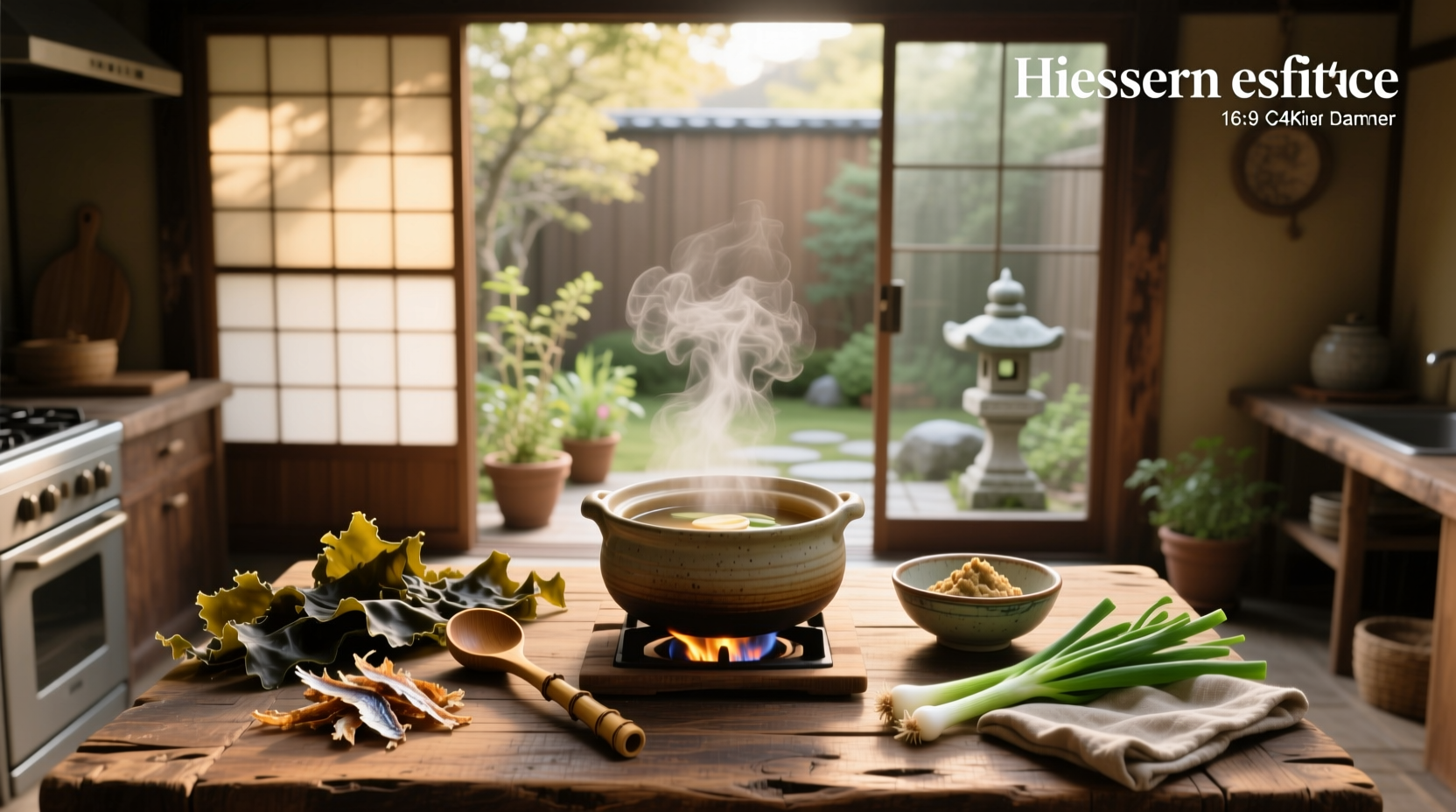 Close-up of dashi powder dissolving in clear broth
