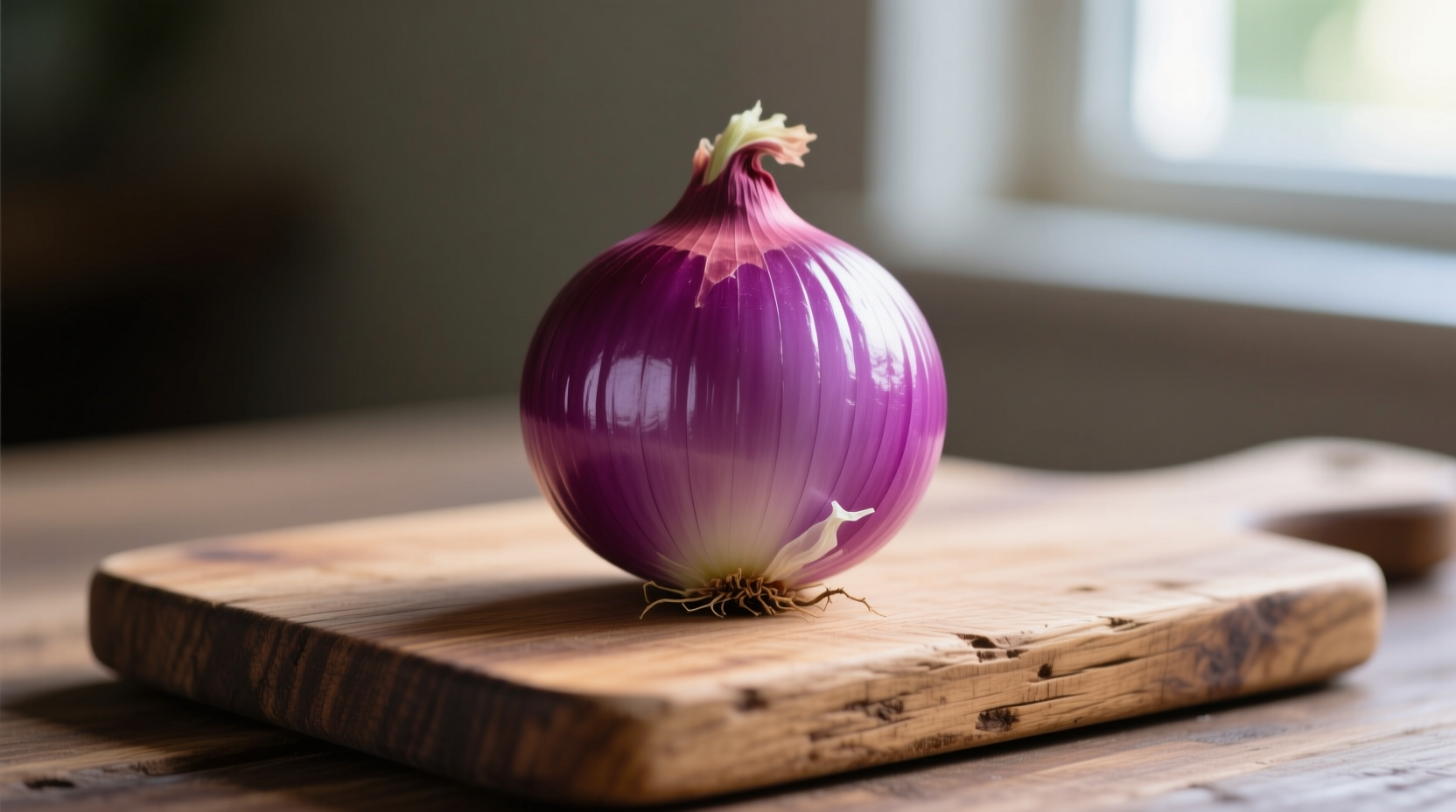 Fresh strawberry onions with vibrant purple skin on wooden cutting board