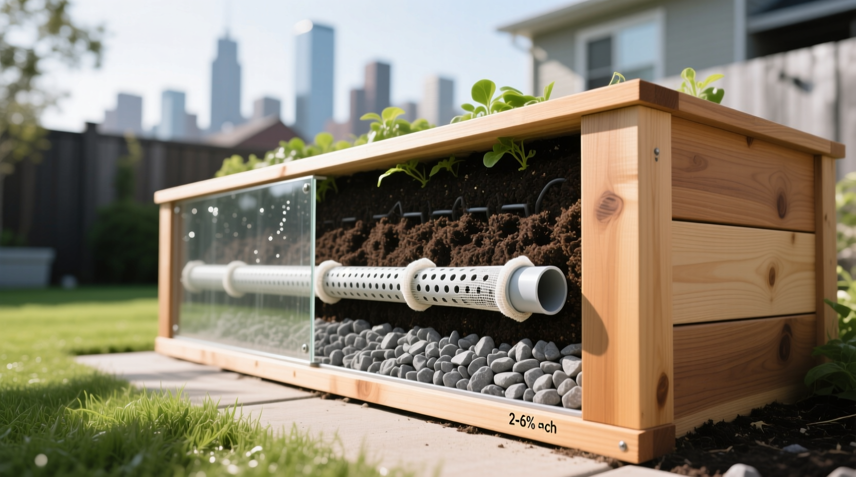 Diagram showing proper soil layering in a self-watering bed: 2-inch gravel reservoir, perforated pipe, geotextile fabric, then 10-inch soil mix with 60% perlite