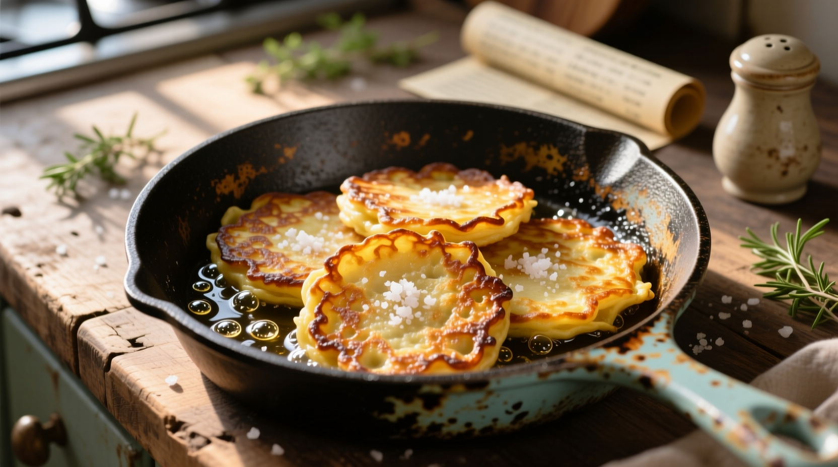 Crispy golden potato pancakes on cast iron skillet