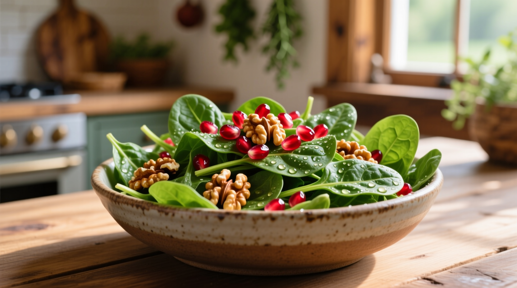 Vibrant spinach salad with pomegranate seeds and walnuts