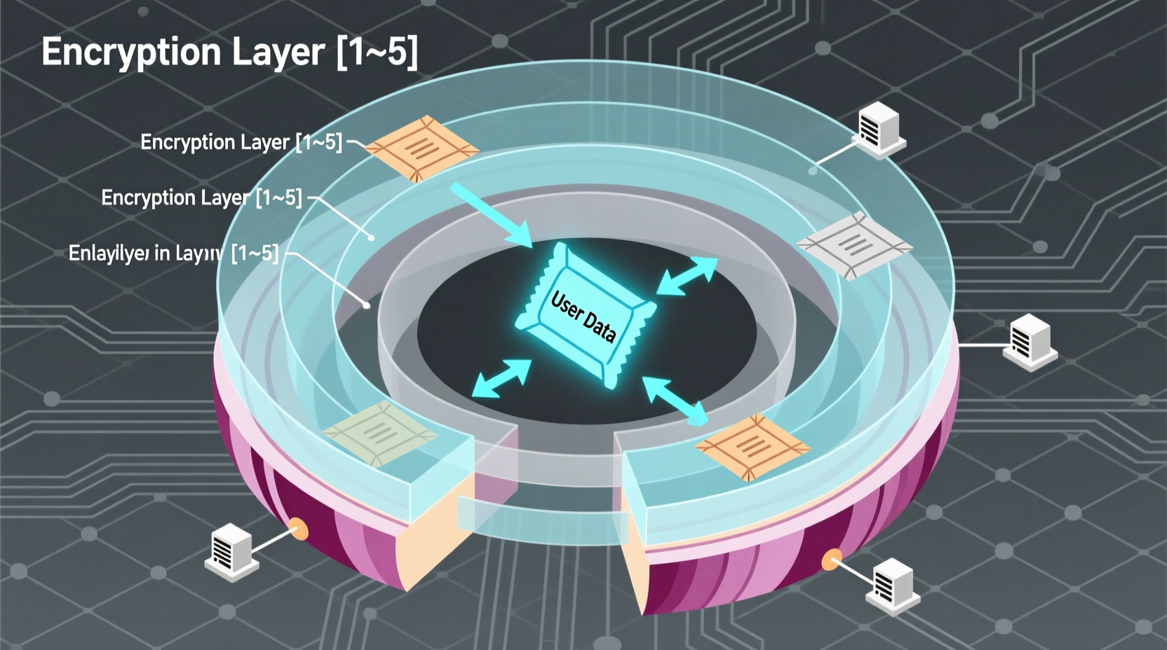 Technical diagram showing onion routing encryption layers