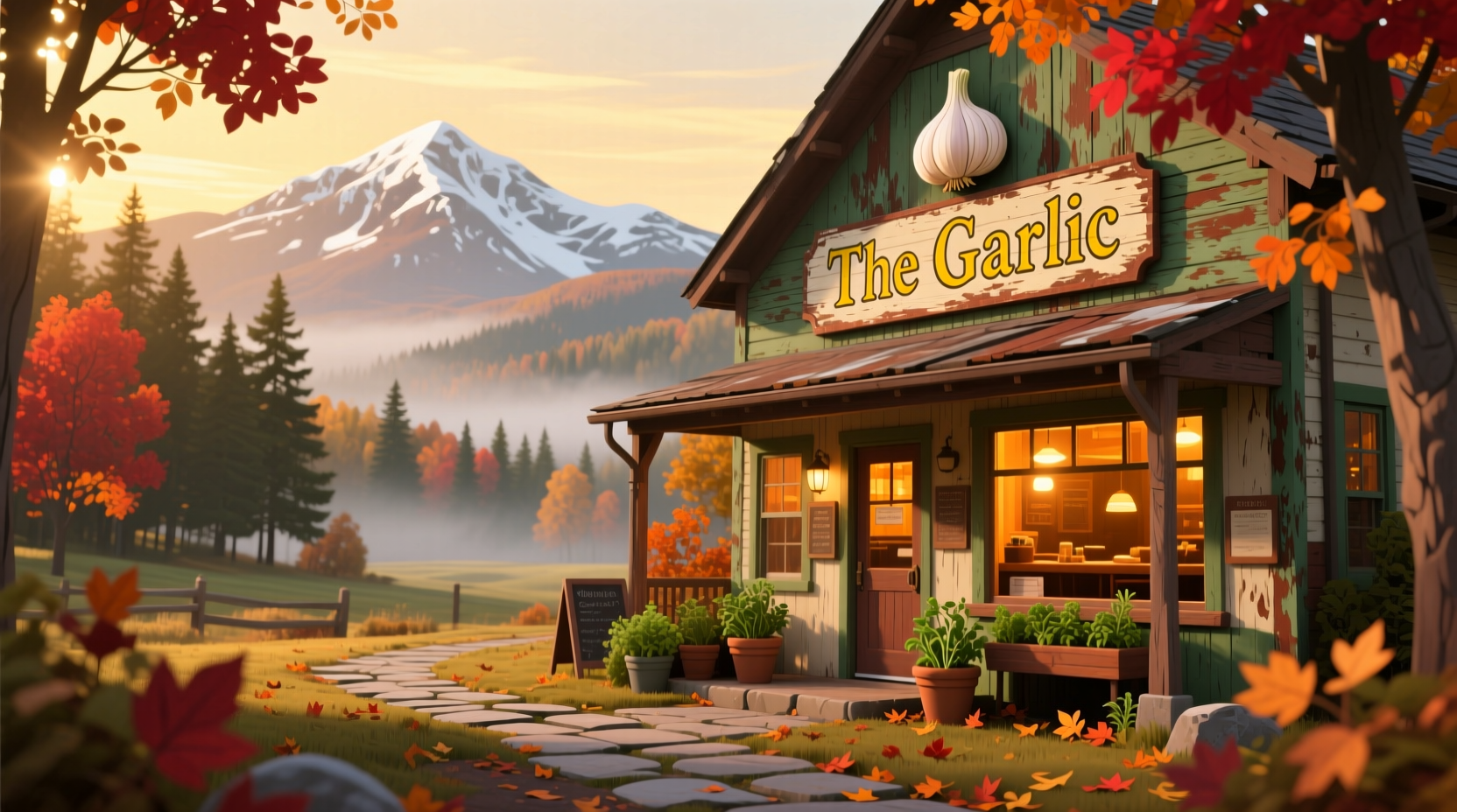 The Garlic restaurant exterior with Vermont mountains in background