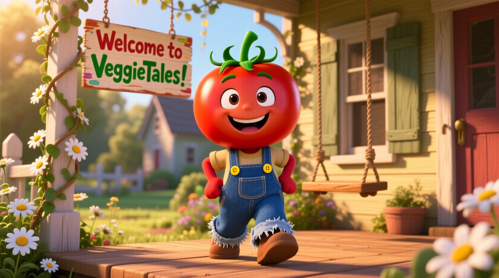 Tomato Sawyer character from VeggieTales wearing blue overalls