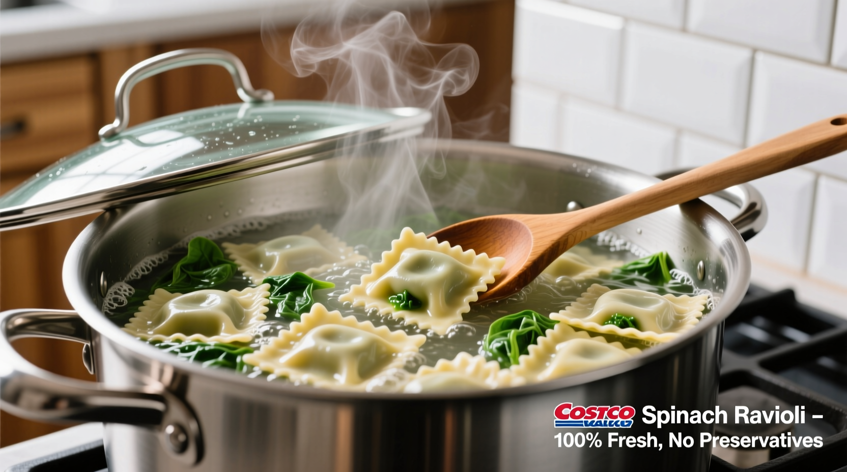 Costco spinach ravioli cooking in boiling water