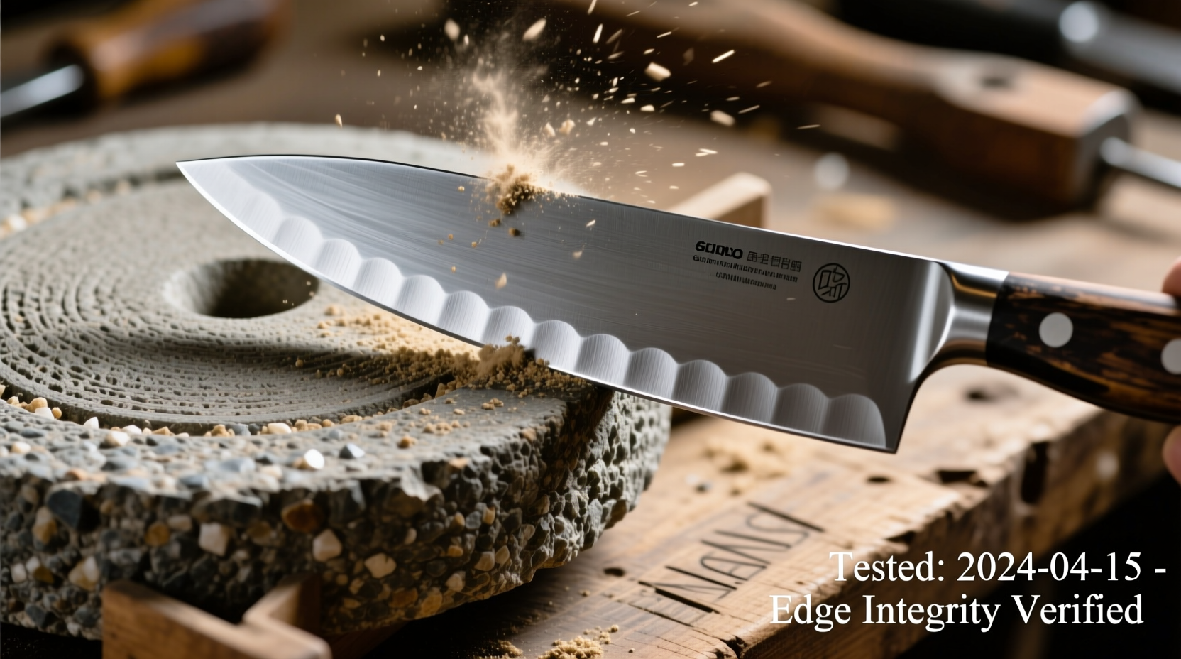 Testing newly crafted grindstone on knife edge