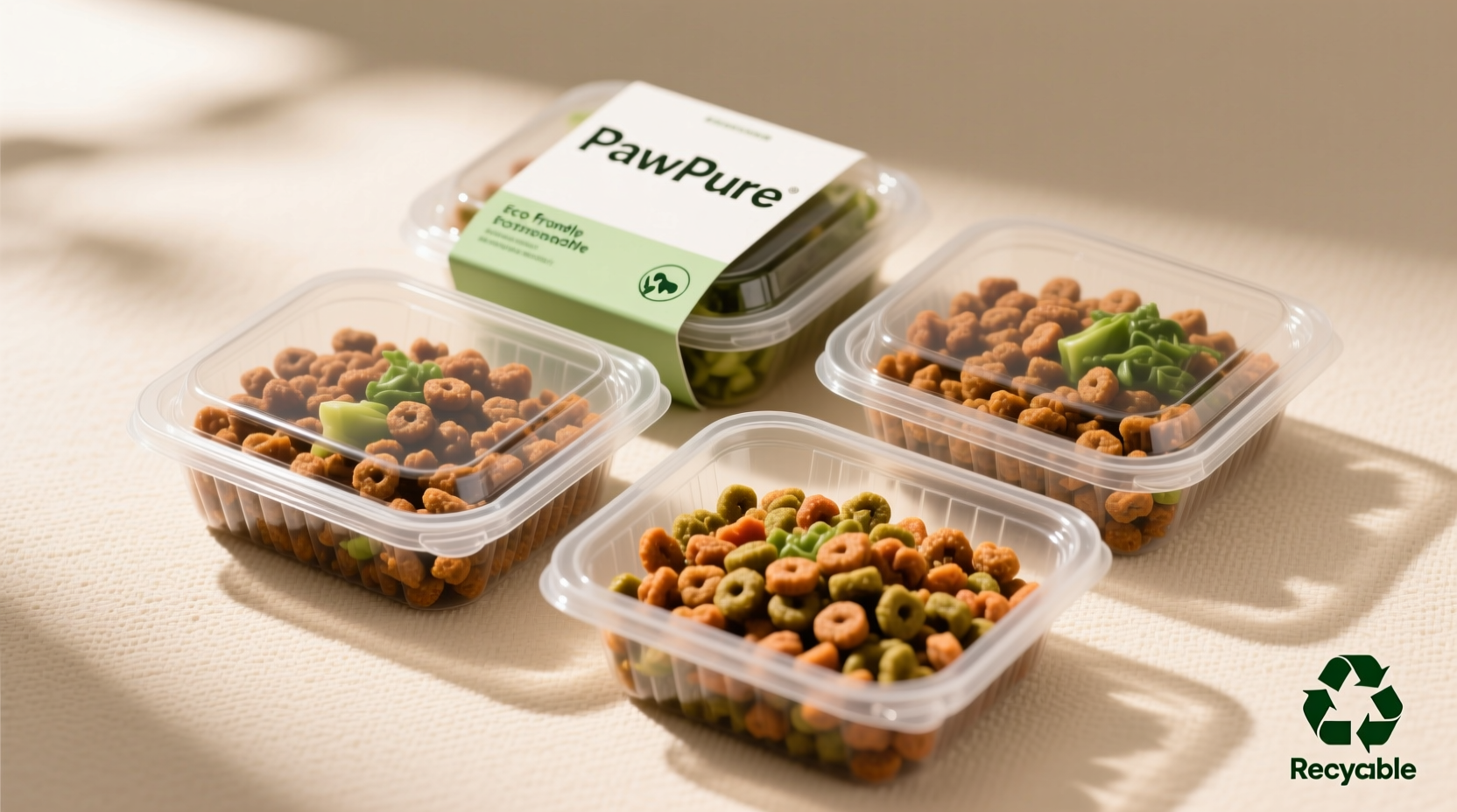 Fresh dog food portions in recyclable packaging